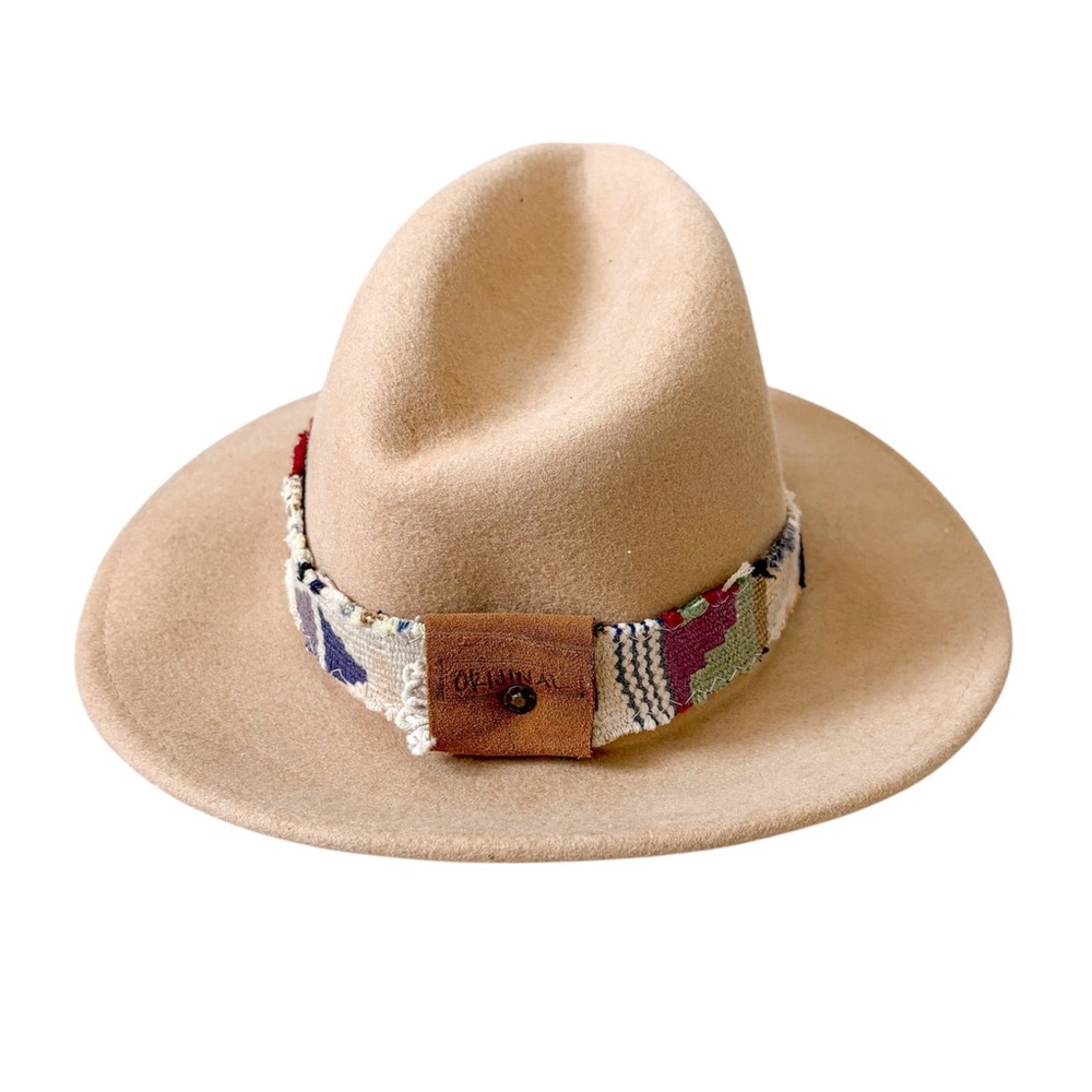 Beige Wool Fedora Hat with Patterned Band